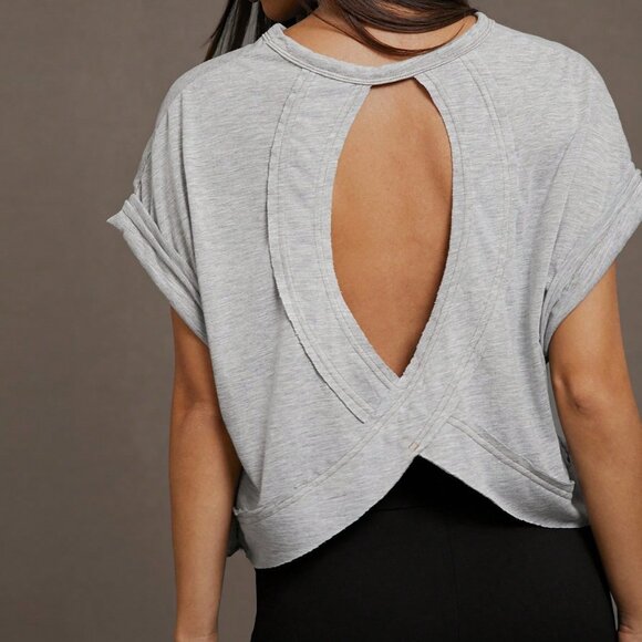 Grey Casual Women's Round Neck Hollow Out Short Front Long Back T-Shirt - Picture 2 of 7